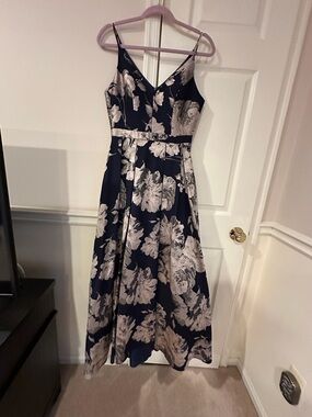 Xscape Navy and Light Pink Floral Midi Dress